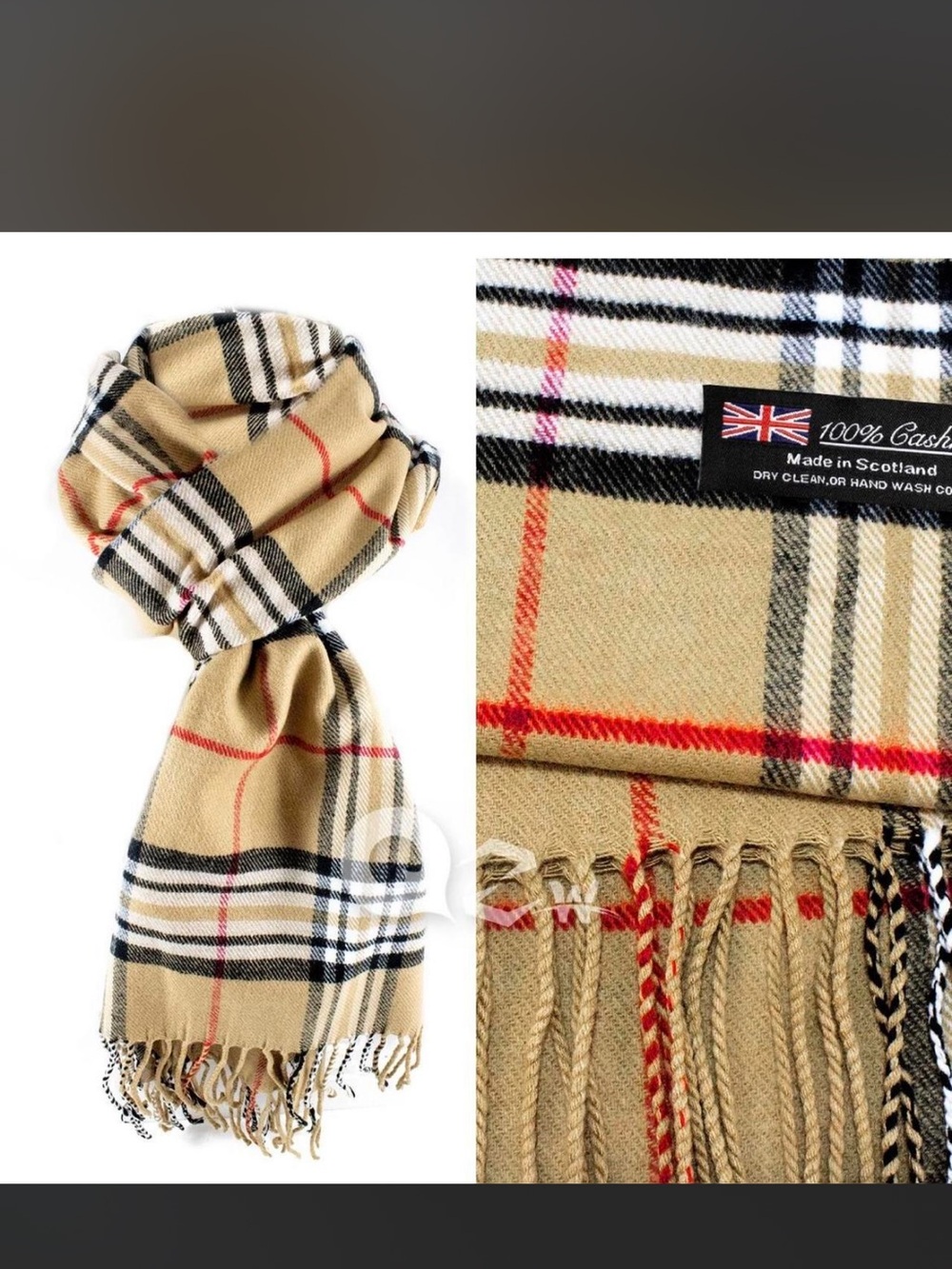 Classic Beige Plaid 100% Cashmere Scarf